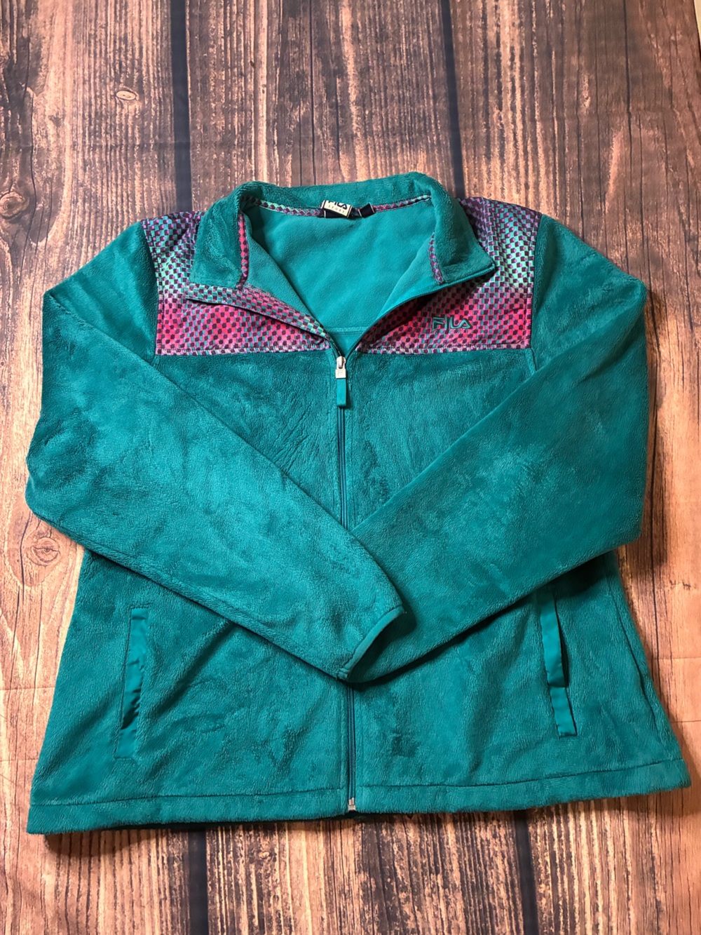 Fila Teal Teddy Jacket with Patterned Trim